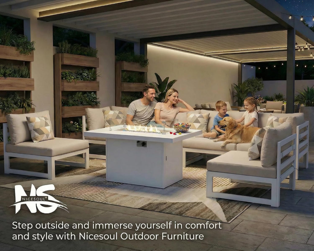 NICESOUL 7 Piece Extra Large Modern Aluminum Outdoor Sofa with Fire Pit Table, 29' Deep Wide Seating, 500 lbs Durable Sectional Set, All-Weather L Shaped Patio Furniture Set for Exterior Garden, Beige