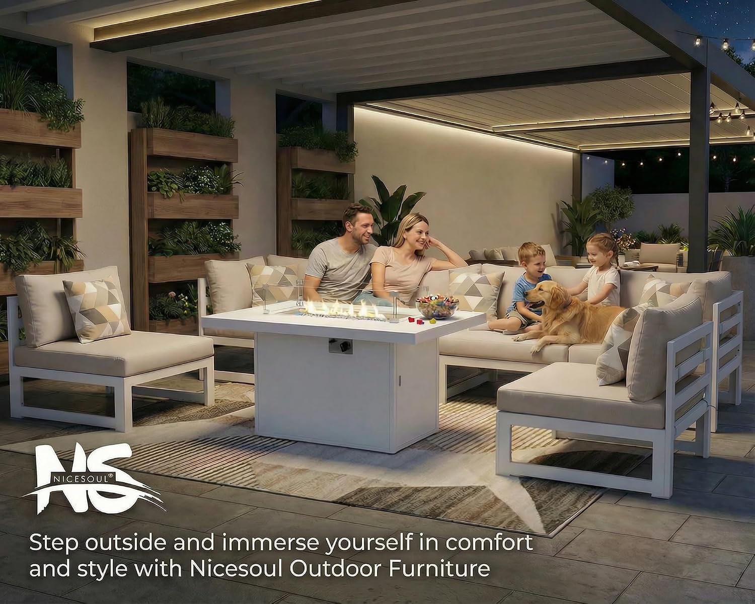 NICESOUL 7 Piece Extra Large Modern Aluminum Outdoor Sofa with Fire Pit Table, 29' Deep Wide Seating, 500 lbs Durable Sectional Set, All-Weather L Shaped Patio Furniture Set for Exterior Garden, Beige