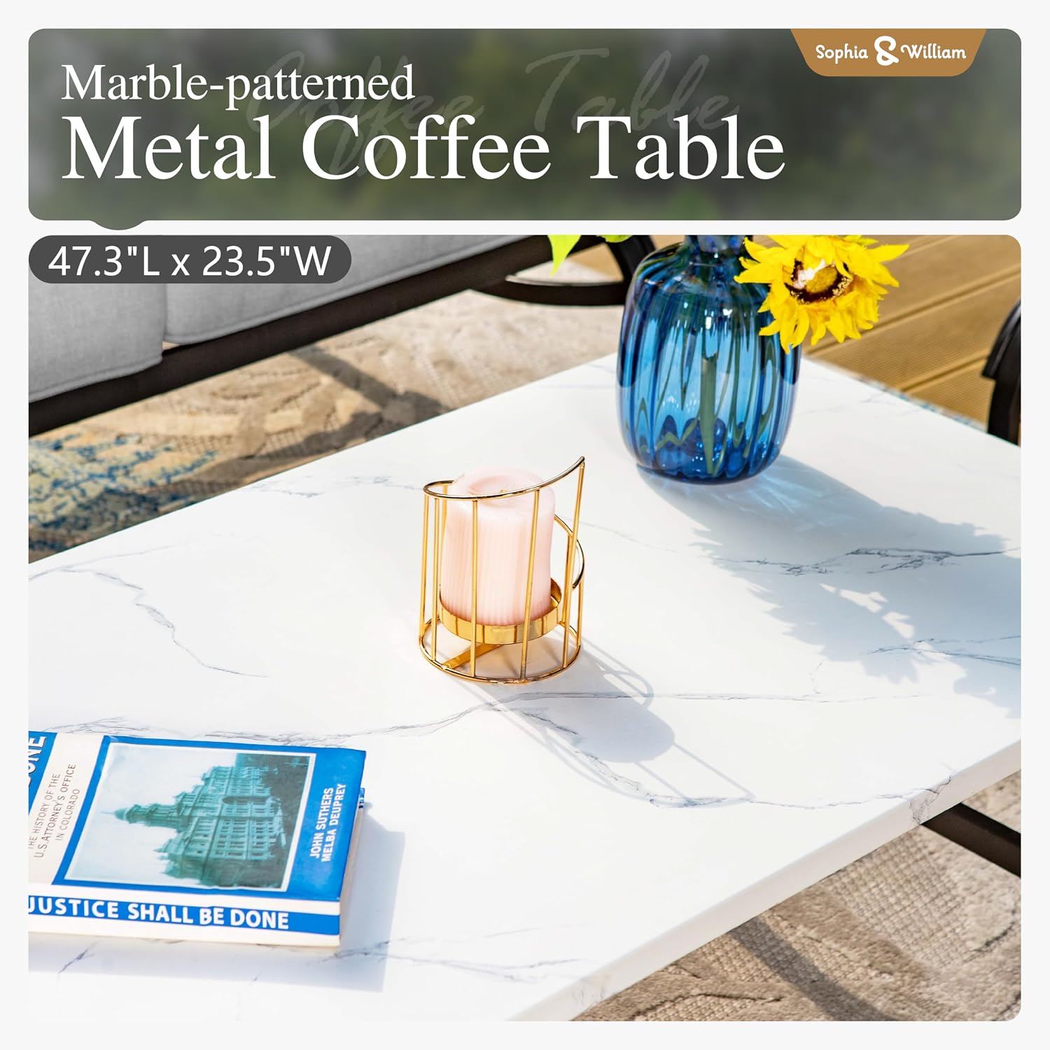 Sophia & William Patio Furniture Sets 5 Seats Outdoor Metal Conversation Sets 4 Pcs with 2 x Cushioned Swivel Sofa Chairs,1 x 3-Seat Sofa, 1x Marbling Metal Coffee Table Lawn Backyard Poolside Grey