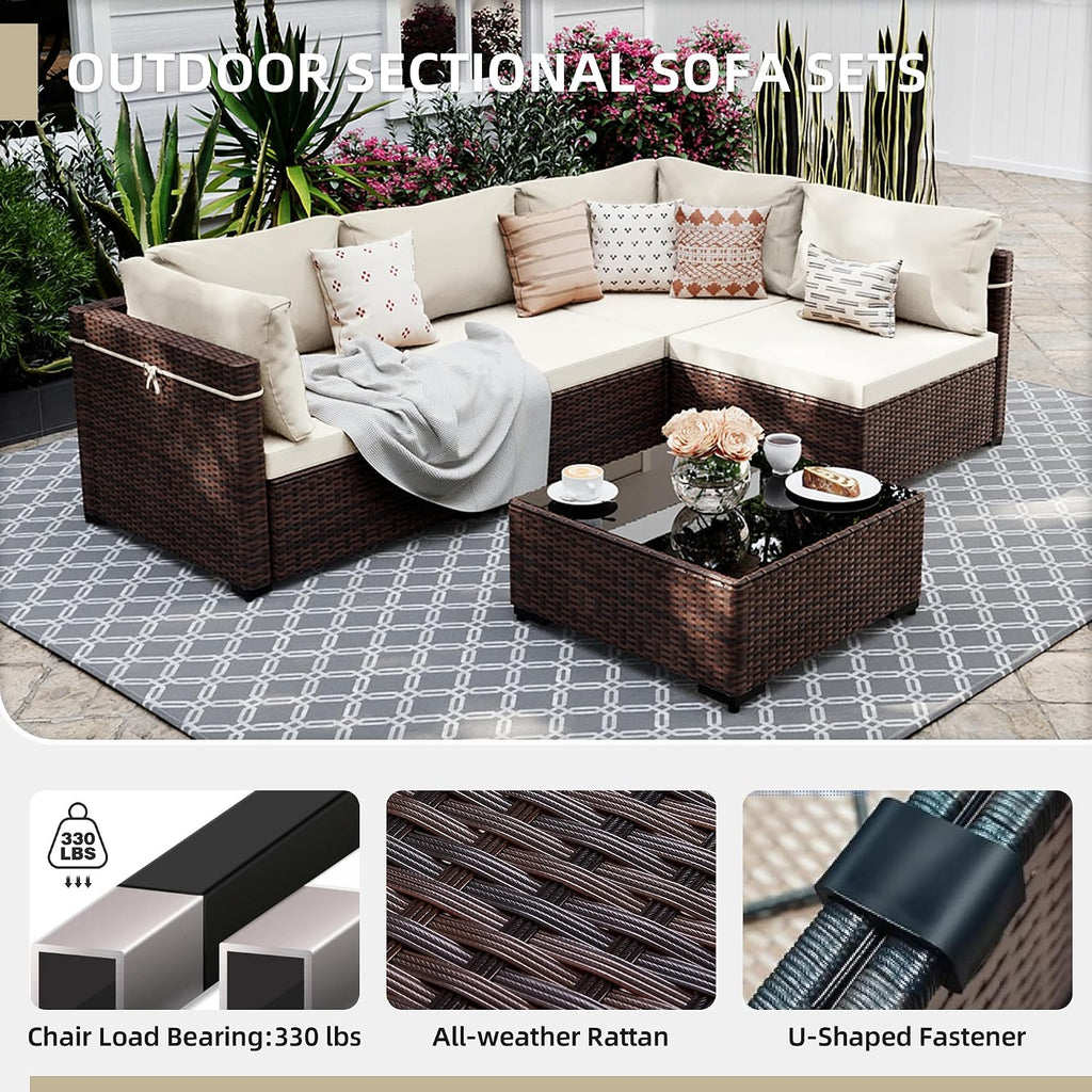 UPHA 5 Pieces Patio Furniture Sets, Wicker Outdoor Sectional Sofa Couch with Coffee Table, Patio Conversation Set for Deck Backyard Garden, Brown Rattan, White Cushion