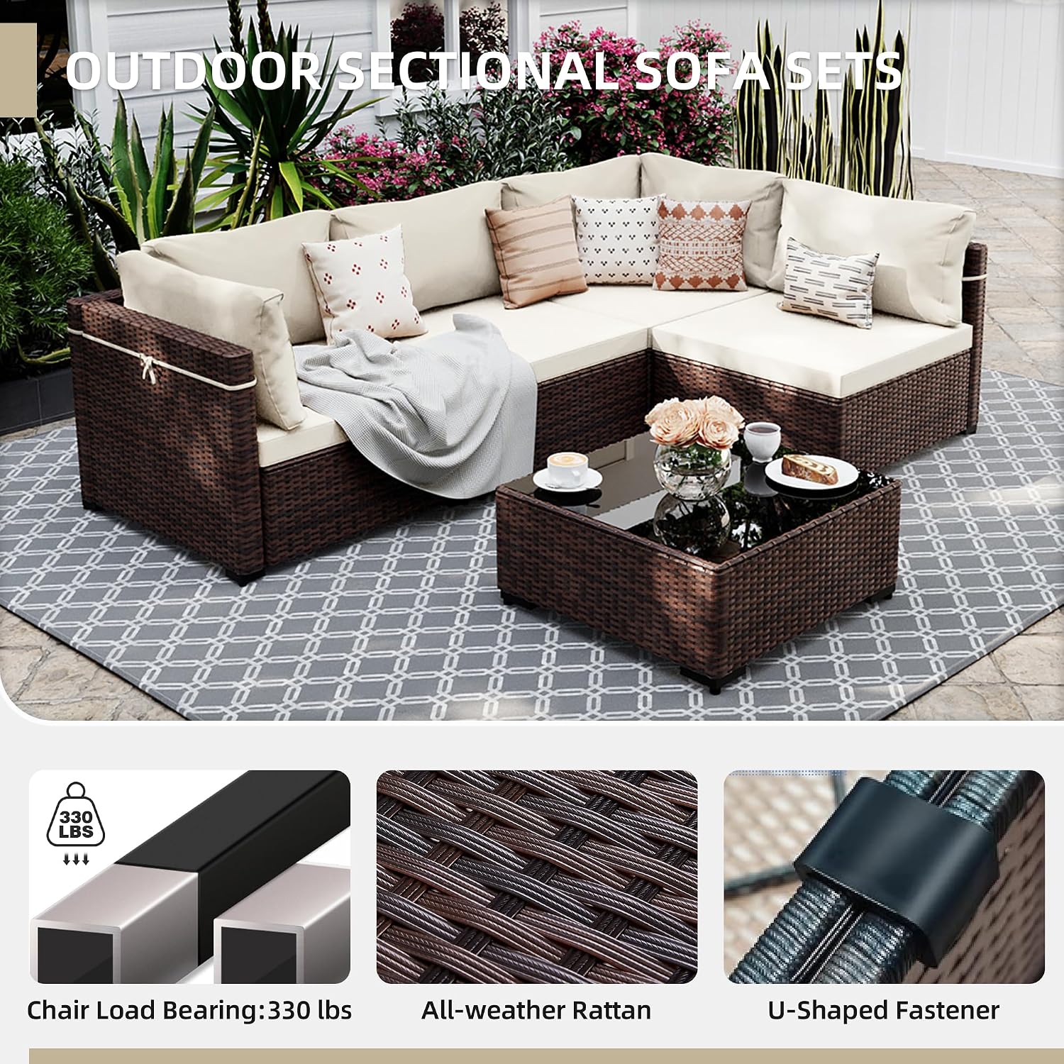 UPHA 5 Pieces Patio Furniture Sets, Wicker Outdoor Sectional Sofa Couch with Coffee Table, Patio Conversation Set for Deck Backyard Garden, Brown Rattan, White Cushion