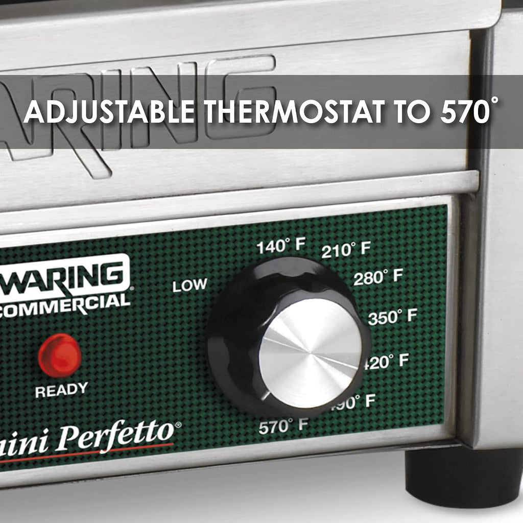 Waring Commercial WPG150 Panini Perfetto® Compact Ribbed Panini Grill, 20 Minute Countdown Timer, 208V, 2400W, 6-15 Phase Plug