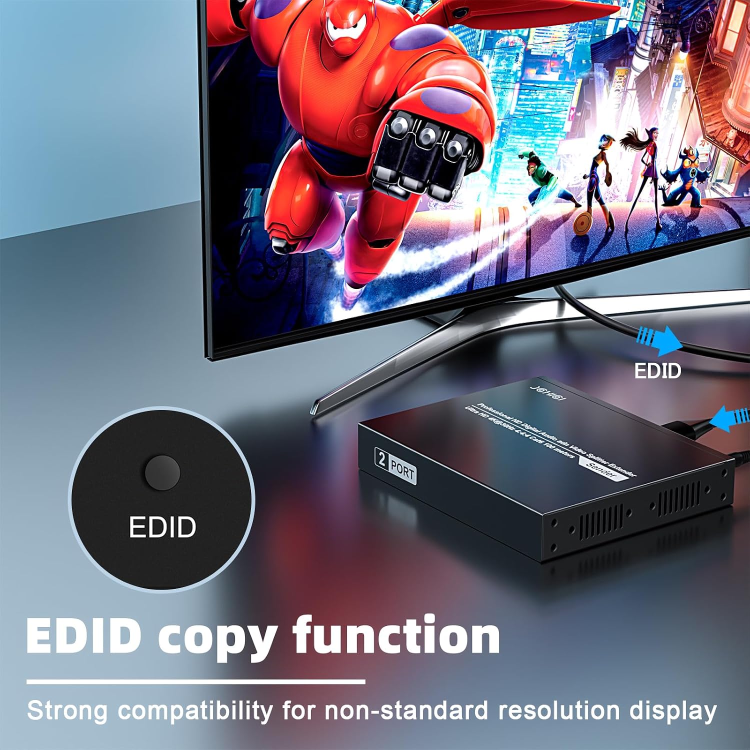 HDMI Extender Splitter 1 x 2, JCHICI 4K@30Hz 100M(328fts) HDMI Splitter with Loopout and EDID Copy Function, Lossless Transmission and Zero Latency, Support 3D