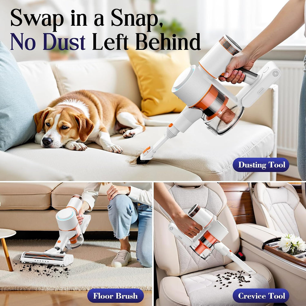 Cordless Vacuum Cleaner, Stick Vac with LED Touch Screen, 45KPA Powerful Suction, Up to 60 Mins Runtime, 7-Stage HEPA Filter, V-shaped Anti-Tangle Brush, Lightweight for Carpet, Hard Floor, Pet Hair