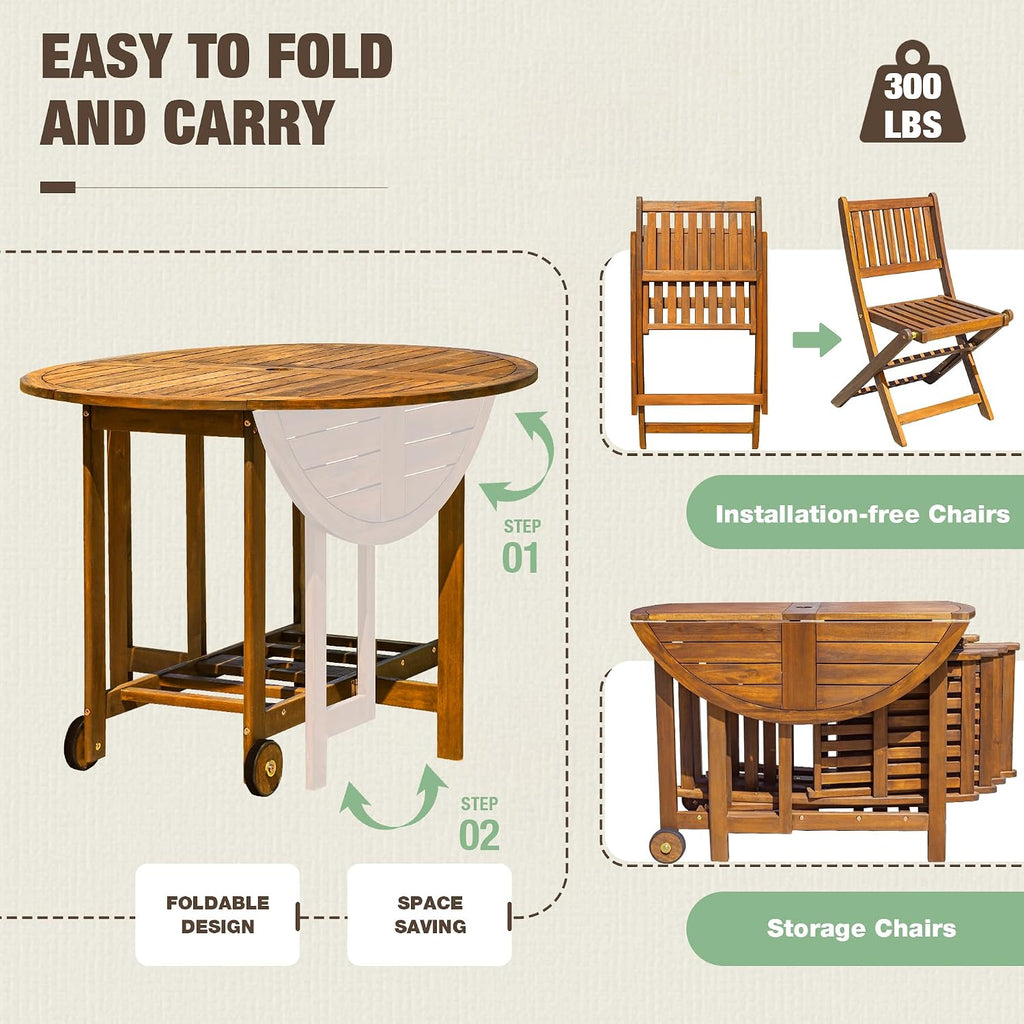 Devoko 5 PCS Patio Furniture, Patio Dining Set Acacia Wood Outdoor Table and Chairs, with 4 Folding Chairs and 37' Round Movable Table, Outdoor Dining Set for Lawn, Balcony, Garden (Light Brown)