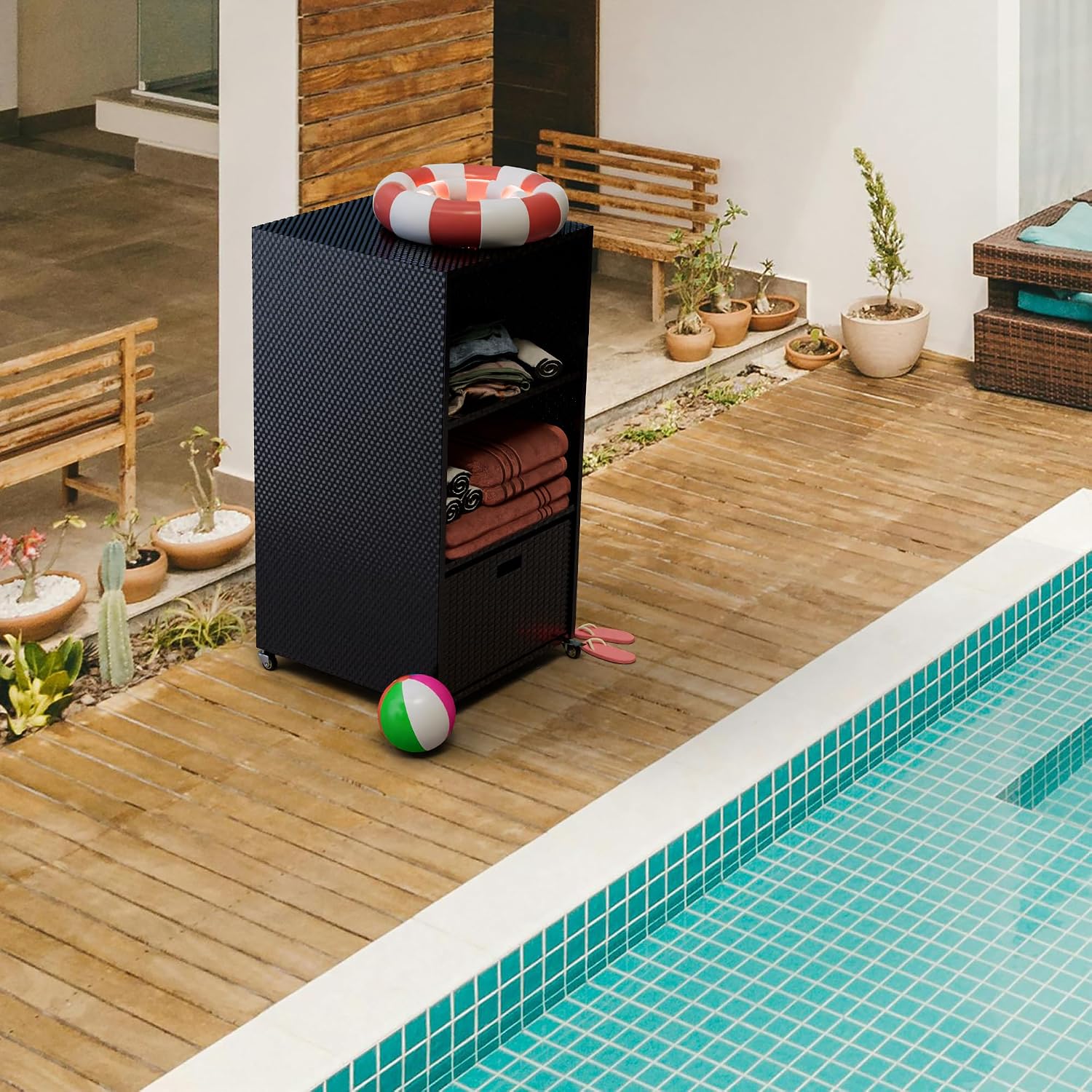 HOOYEAH Pool Towel Rack Outdoor, Waterproof PE Plastic Rattan Wicker Pool Storage Bins Storage Cabinet Organizer, Poolside Towel Caddy with Rolling Wheels for Hot Tub Spa Accessories,Brown