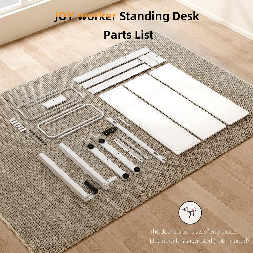 JOY worker Height Adjustable Electric Standing Desk with Storage Shelves, 55 Inch Desk with Built-in Monitor Stand, Sit Stand Workstation with 2 Hooks for Home Office, White