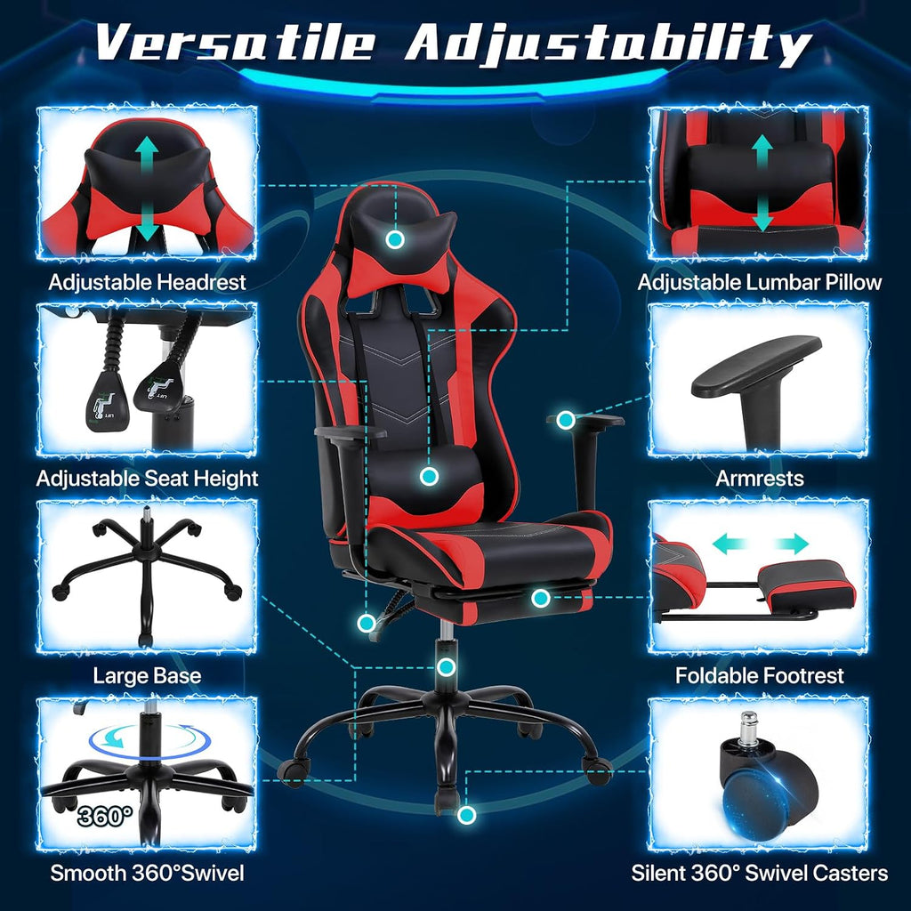 Ergonomic Gaming Chair with Footrest, High Back PU Leather Office Desk Chair for Adults Teens, Rolling Swivel Computer Chair (Red)