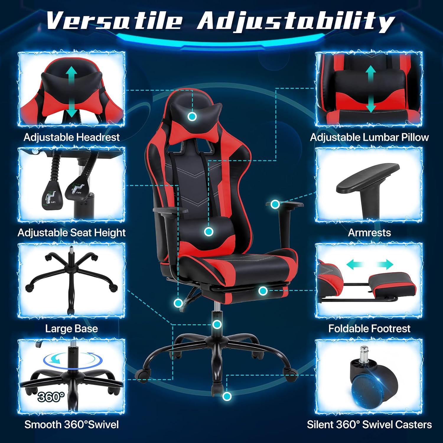 Ergonomic Gaming Chair with Footrest, High Back PU Leather Office Desk Chair for Adults Teens, Rolling Swivel Computer Chair (Red)