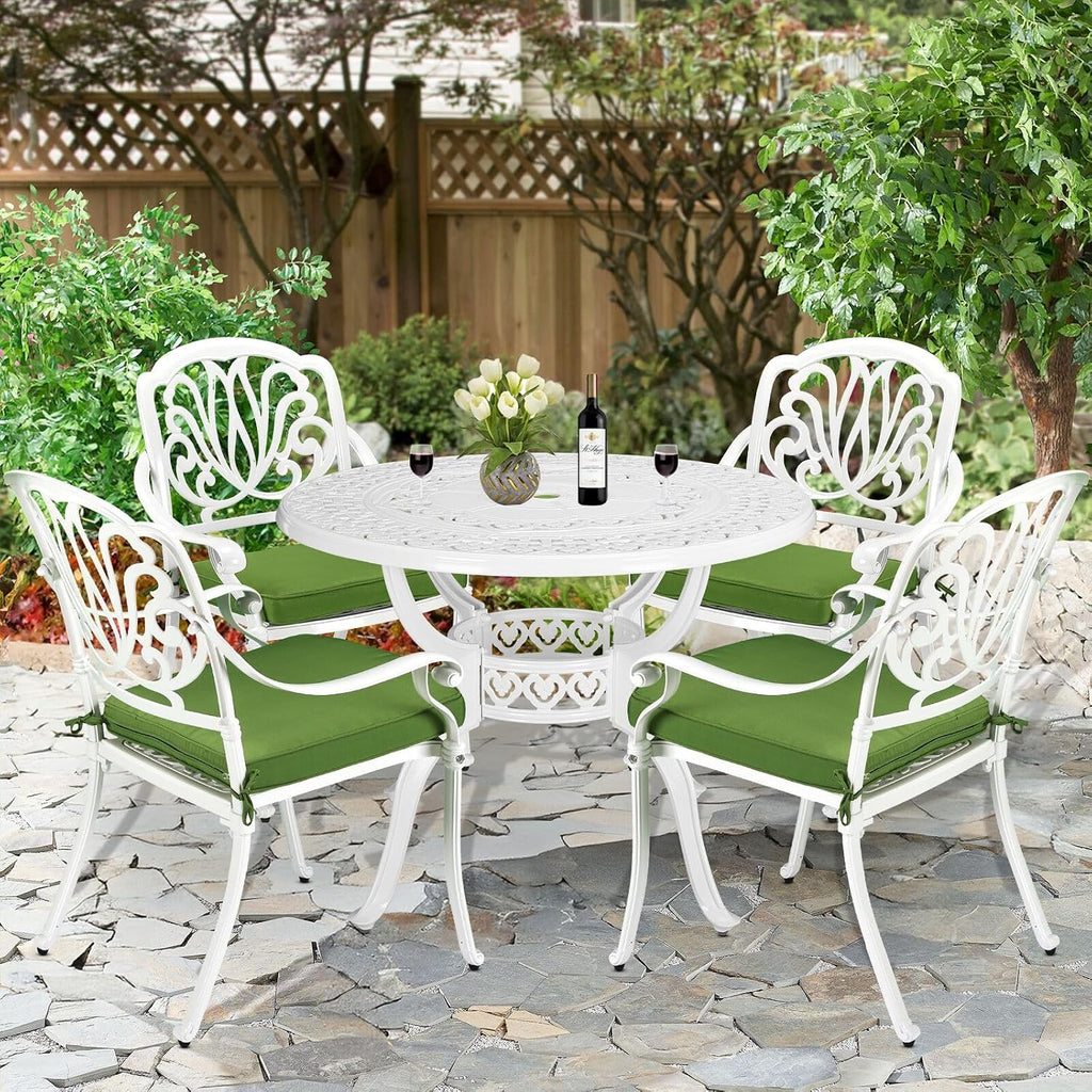 5-Piece Outdoor Patio Dining Set, All-Weather Cast Aluminum Patio Furniture Set for Backyard Garden Deck with 4 Chairs, 4 Cushions and 38.5' Round Table, 2.2' Umbrella Hole, White