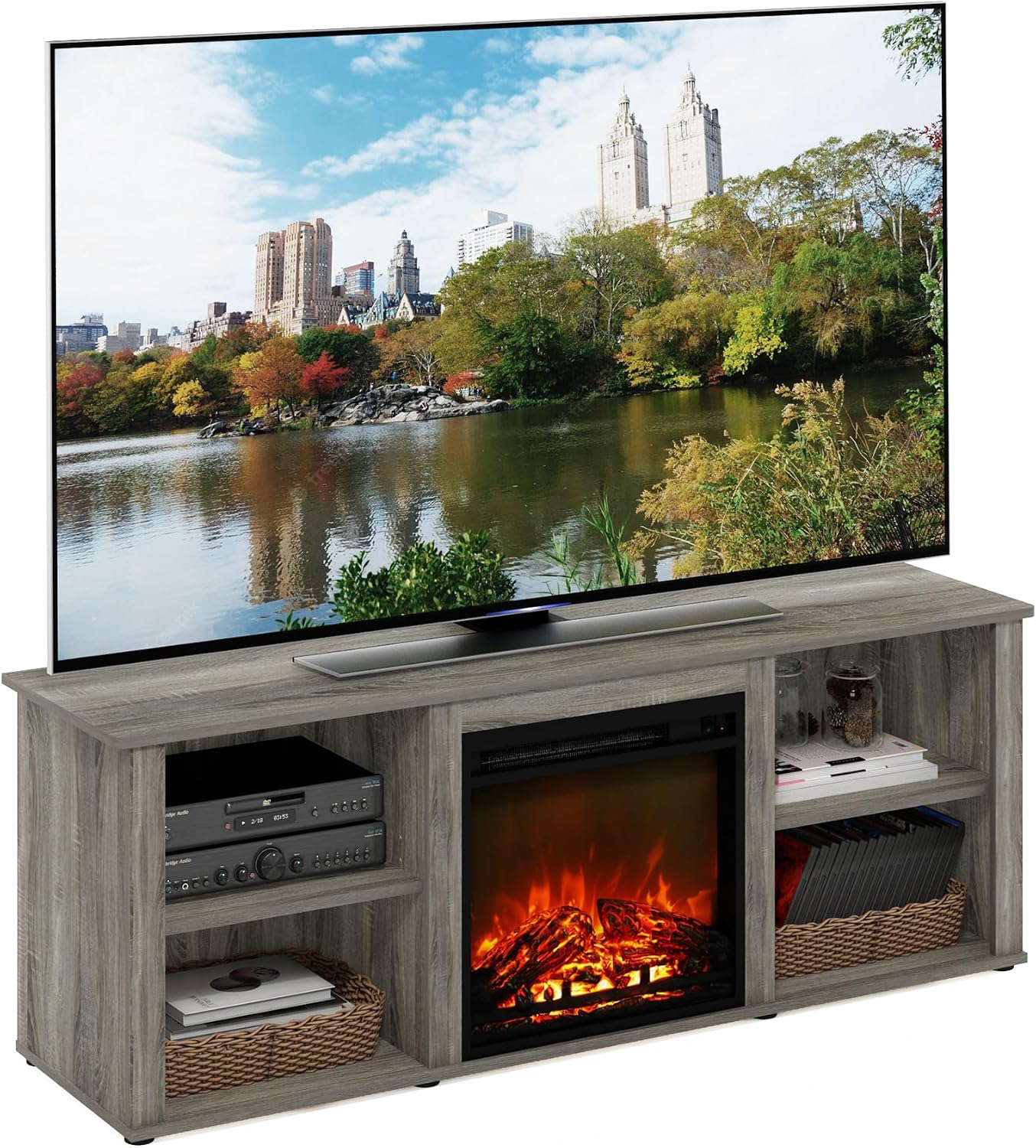Furinno Classic 60 Inch TV Stand with Fireplace, French Oak Grey
