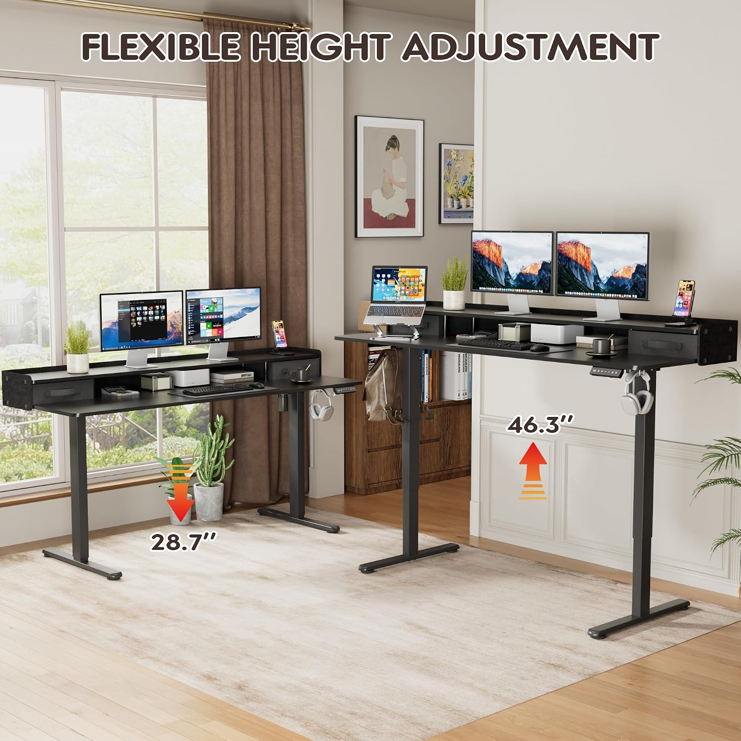 Furmax Electric Standing Desk with Drawers, Stand Up Desk with Storage Shelf Height Adjustable Computer Desk with Organizer for Home Office Ergonomic(Black, 63 Inch)