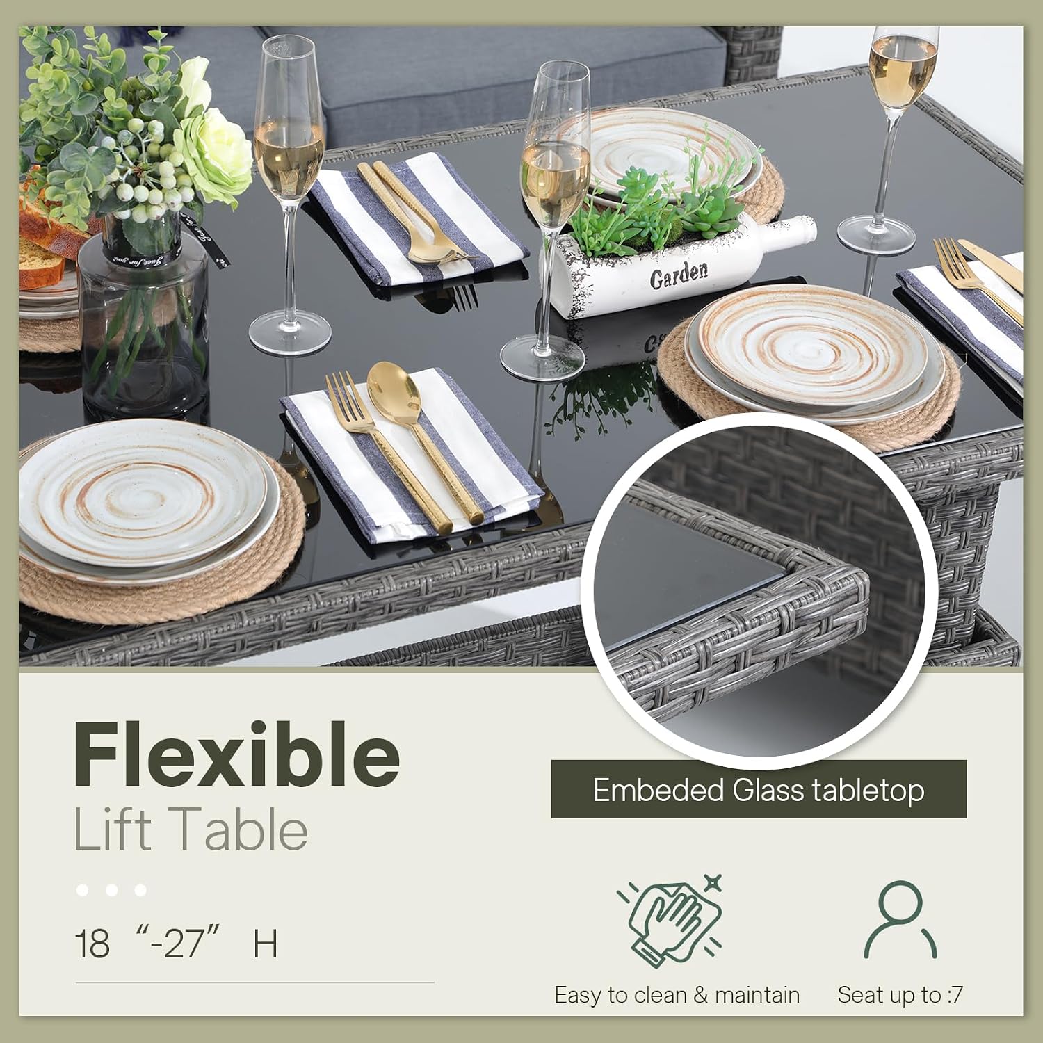 SUNSITT Outdoor Patio Furniture Set 5 Piece Wicker Conversation Set with Lift Coffee Table Sectional Dining Set 3 Seat Sofa Couch with Loveseat, Grey Wicker & Grey Cushion