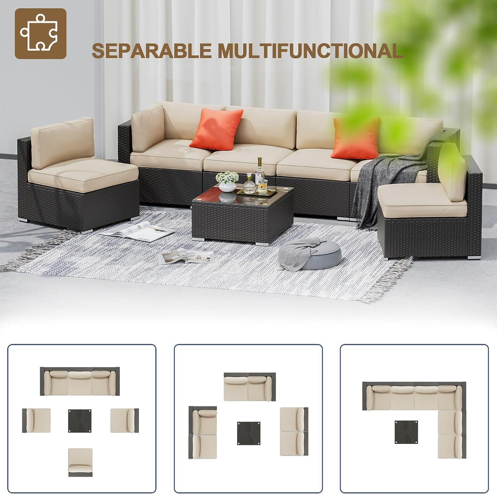SUNCROWN 7-Piece Outdoor Patio Furniture Sofa Set All-Weather Black Wicker Sectional Conversation Set with Modern Glass Coffee Table and Cushions, Backyard, Garden, Poolside, Brown