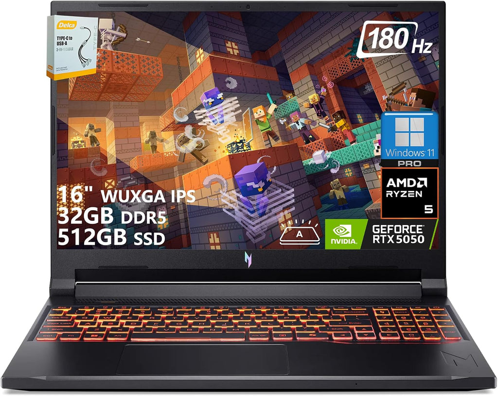 acer Nitro V 16 AI Gaming Laptop | 16' WUXGA IPS 180Hz | AMD Hexa-Core Ryzen 5 240 | 32GB DDR5 512GB SSD | GeForce RTX 5050 8GB DLSS4 (Up to 440 AI Tops) | Backlit Keyboard Win11 Pro w/DLCA Accessory