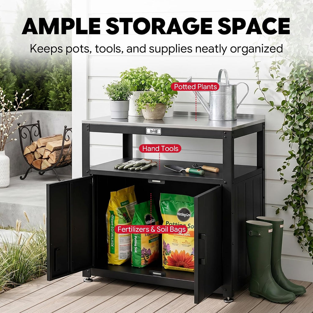 Feasto Outdoor Potting Bench with Storage, Stainless Steel Tabletop Garden Work Bench with Storage Cabinet & Removable Inner Shelf for Patio Lawn Outdoor Gardening