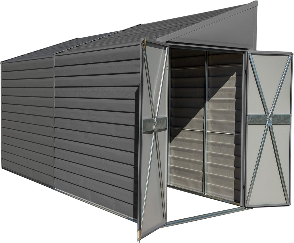 Arrow Yardsaver 4' x 10' Galvanized Steel Outdoor Storage Shed with Sloped Roof and Double-Door Entry, UV-Resistant Steel Floorless Compact Storage Shed, Charcoal