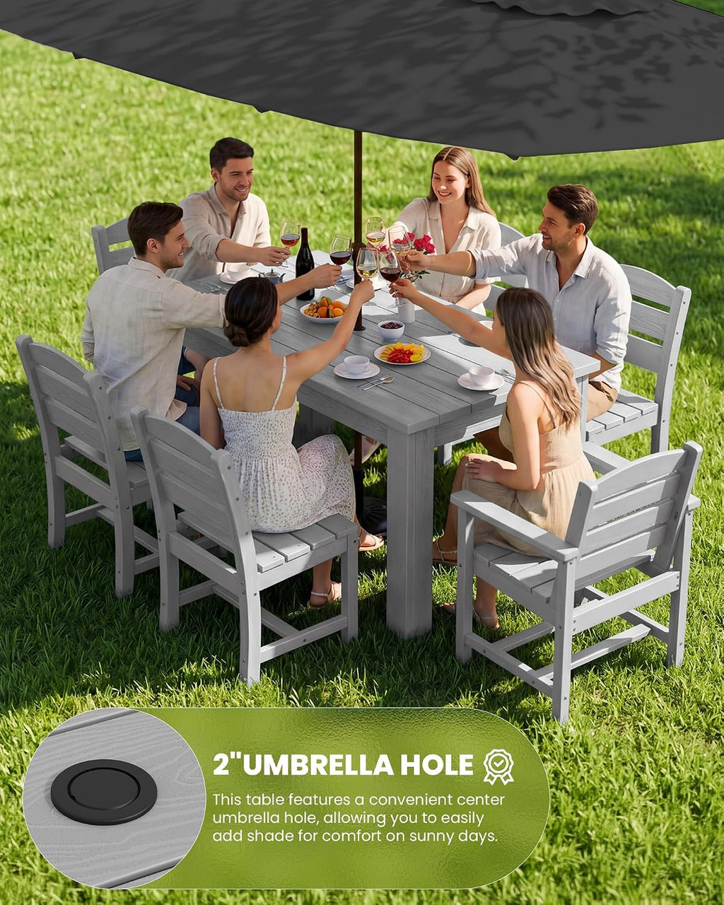 SERWALL Outdoor Dining Sets for 8, Outdoor Dining Sets for 8 Person with 2 Umbrella Hole Cut-Out Rectangular Tables and 8 Chairs, HDPE Dining Sets for Garden, Backyard, Poolside, Sliver Gray