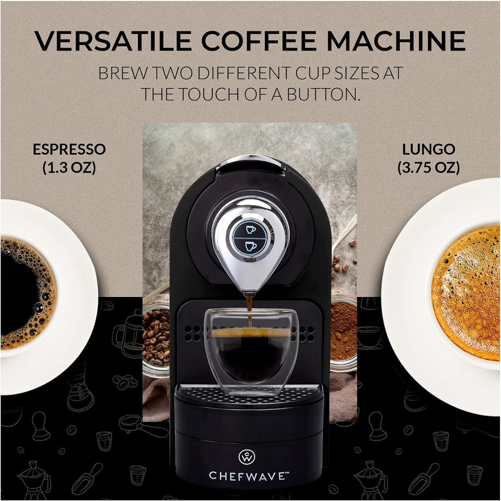 ChefWave Espresso Machine Compatible with Nespresso Capsules (Black) with Capsule Holder, and 2 Glass Cups Bundle with Handheld Milk Frother (2 items)