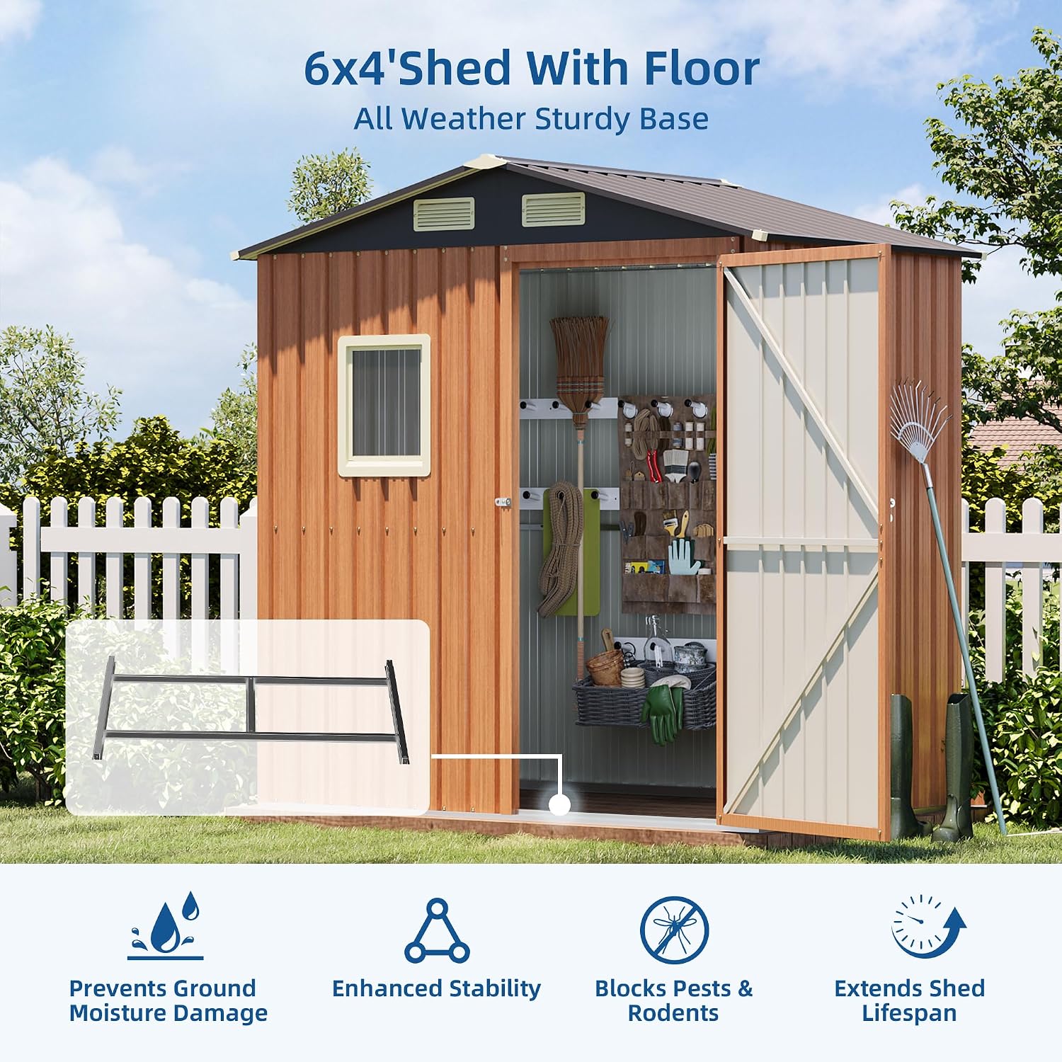 6x4FT Outdoor Storage Shed, Metal Garden Shed with Floor Base & Updated Frame Structure, Lockable Door and Window, Large Tool Shed for Backyard, Patio, Lawn, Utility & Bike Storage