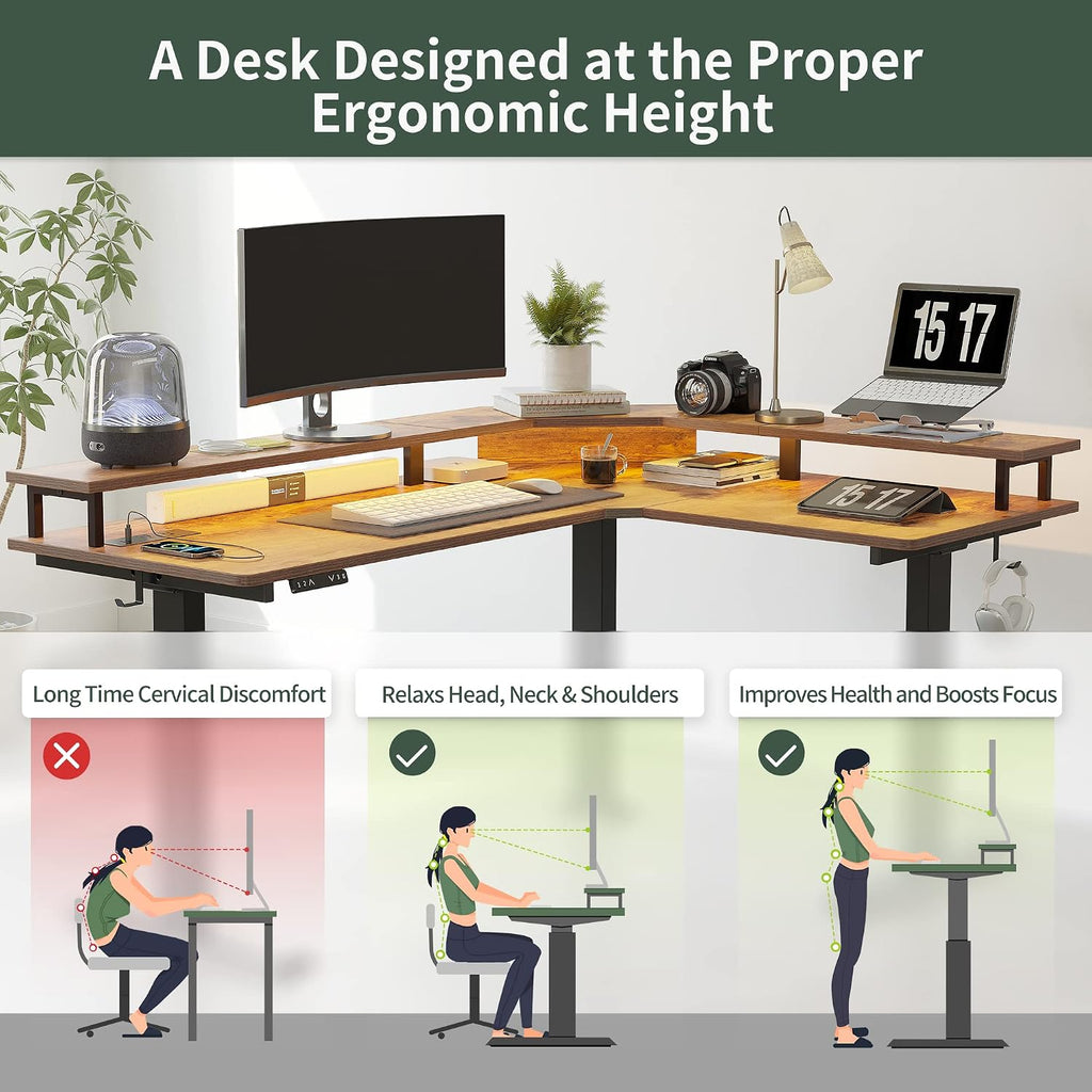 FEZIBO 63'x49' L Shaped Standing Desk with LED Strip & Power Outlets, Height Adjustable Stand up Corner Gaming Desk with Ergonomic Monitor Stand, Rustic Brown Top/Black Frame（2 Packages）