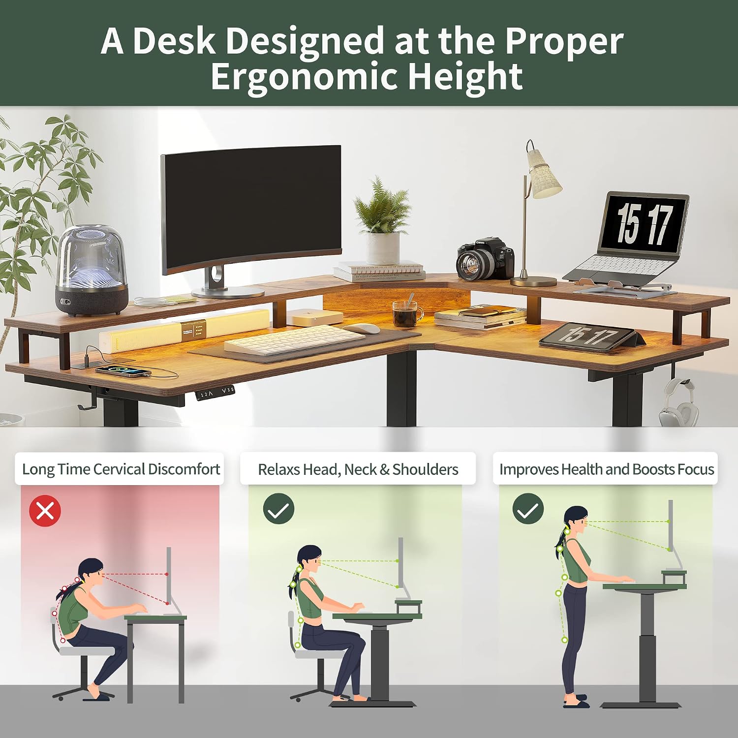 FEZIBO 63'x49' L Shaped Standing Desk with LED Strip & Power Outlets, Height Adjustable Stand up Corner Gaming Desk with Ergonomic Monitor Stand, Rustic Brown Top/Black Frame（2 Packages）