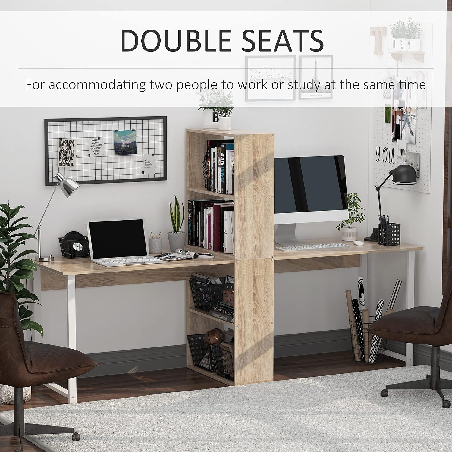 HOMCOM 88' Extra Long 2-Person Computer Desk with Storage Shelves Combo, Double Workstation Storage Study Writing Table for Home Office, Bookshelf, Natural Wood Color