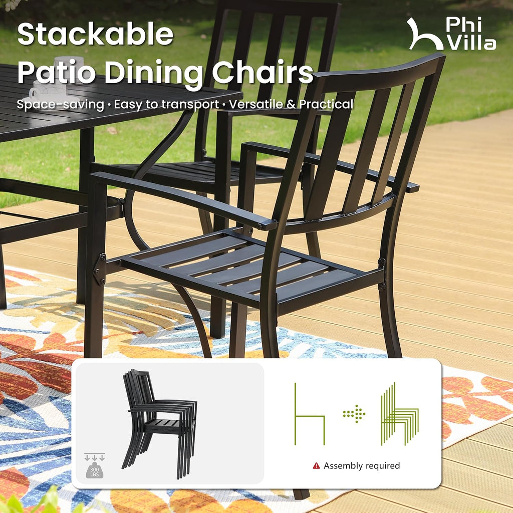 PHI VILLA 5 Pieces Outdoor Dining Set for 4, Metal Steel Square Table with Umbrella Hole & Stackable Black Wrought Iron Chairs, Heavy-Duty Dining Furniture for Patio, Deck, Backyard, Porch