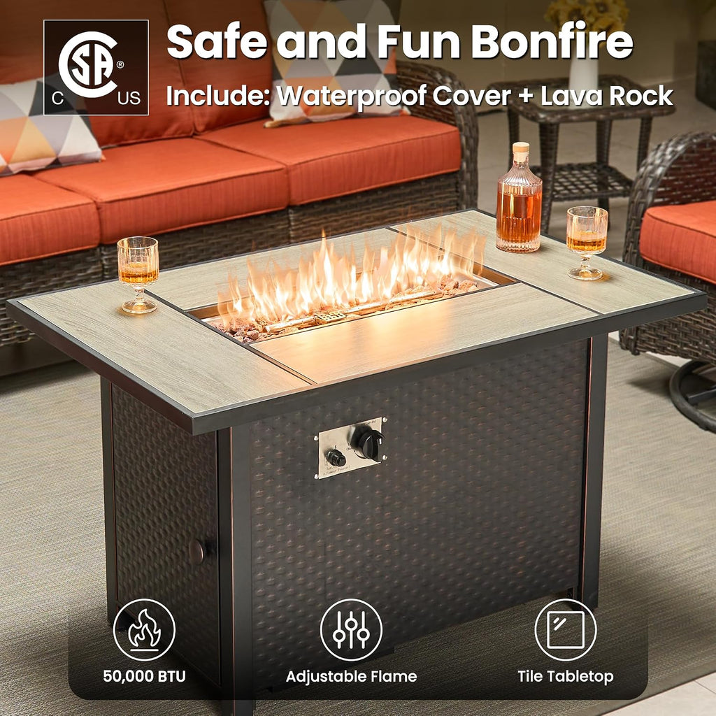ovios 7-Piece Patio Furniture Set with Swivel Chairs Side Table, Outdoor Wicker Sofa with 42' Fire Pit Table, High Back Couch Modern Conversation Sets, Brown/Orange Red