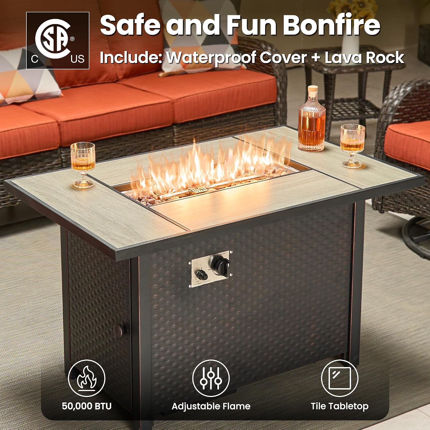 ovios 7-Piece Patio Furniture Set with Swivel Chairs Side Table, Outdoor Wicker Sofa with 42' Fire Pit Table, High Back Couch Modern Conversation Sets, Brown/Orange Red