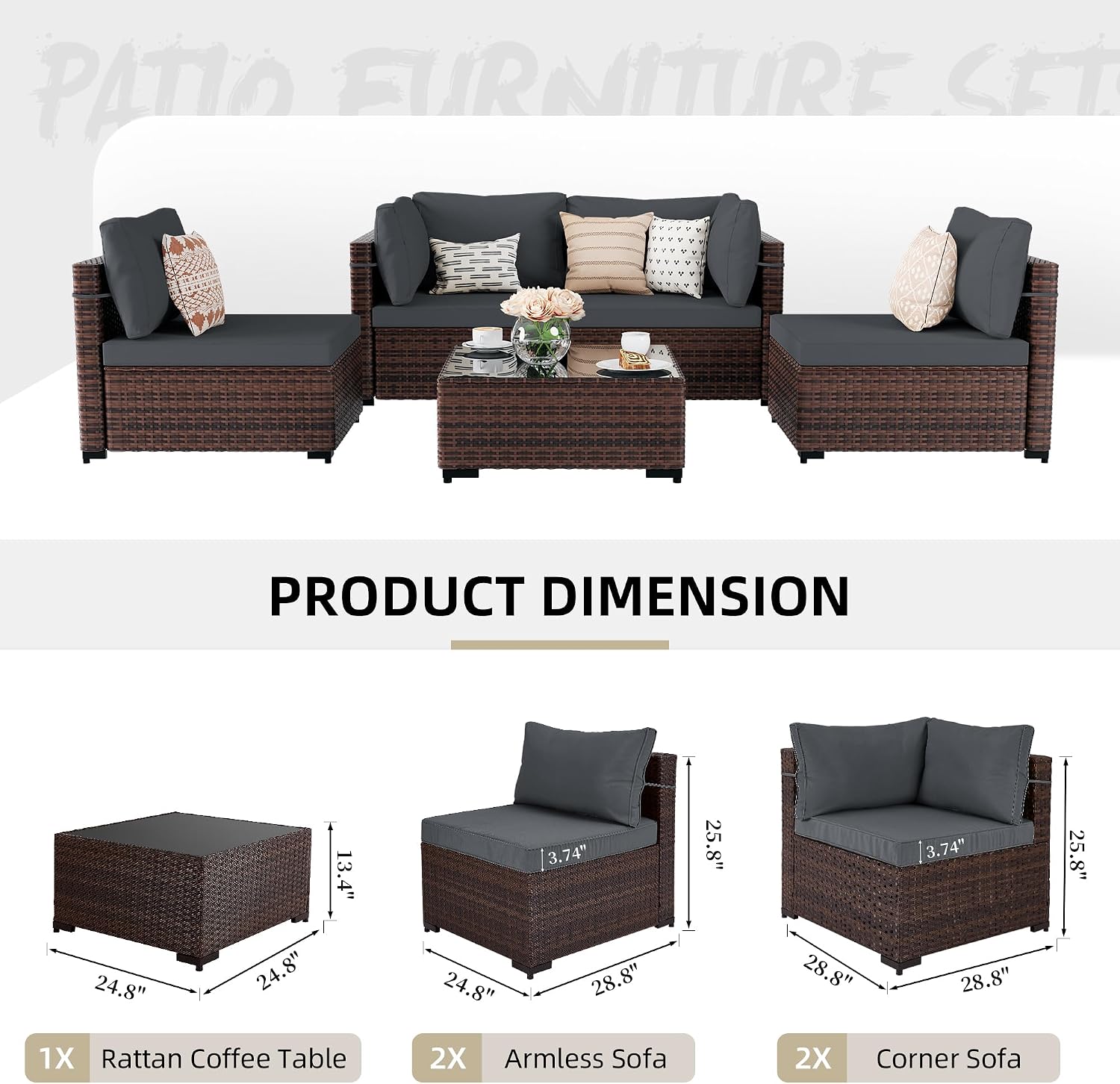 UPHA 5 Pieces Patio Furniture Sets, Wicker Outdoor Sectional Sofa Couch with Coffee Table, Patio Conversation Set for Deck Backyard Garden, Brown Rattan, Dark Gray Cushion