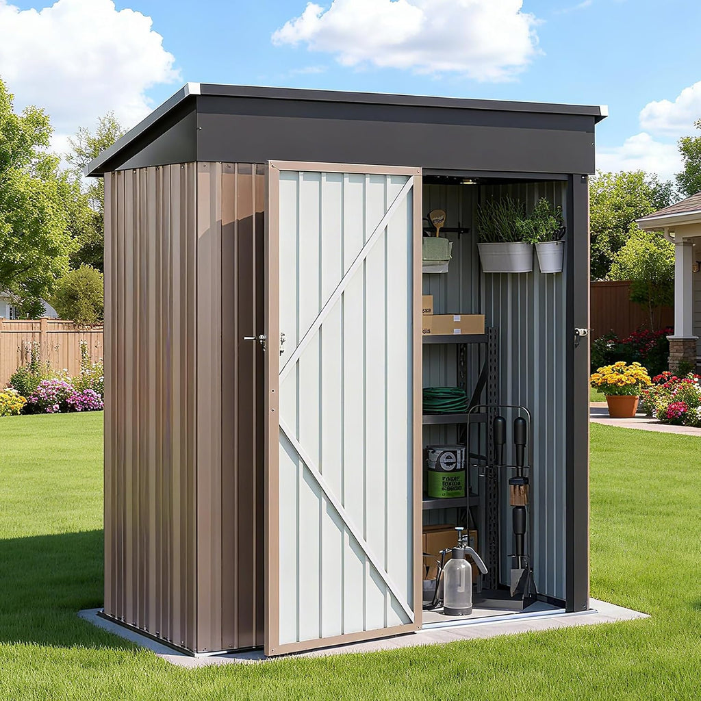 5x3FT Outdoor Storage Shed, Metal Garden Tool Shed with Sloping Roof & Lockable Door for Patio Lawn Backyard (Brown, 5x3FT)