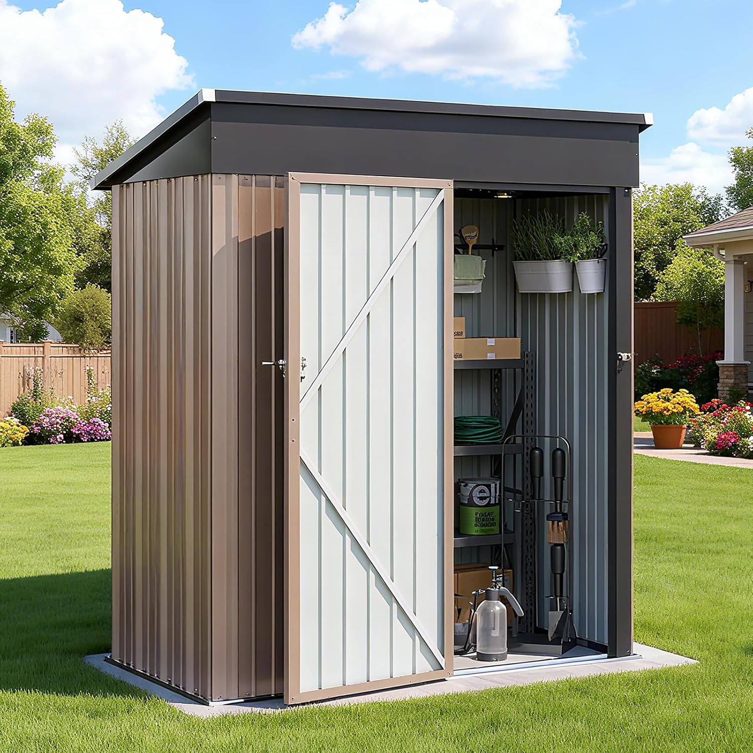 5x3FT Outdoor Storage Shed, Metal Garden Tool Shed with Sloping Roof & Lockable Door for Patio Lawn Backyard (Brown, 5x3FT)