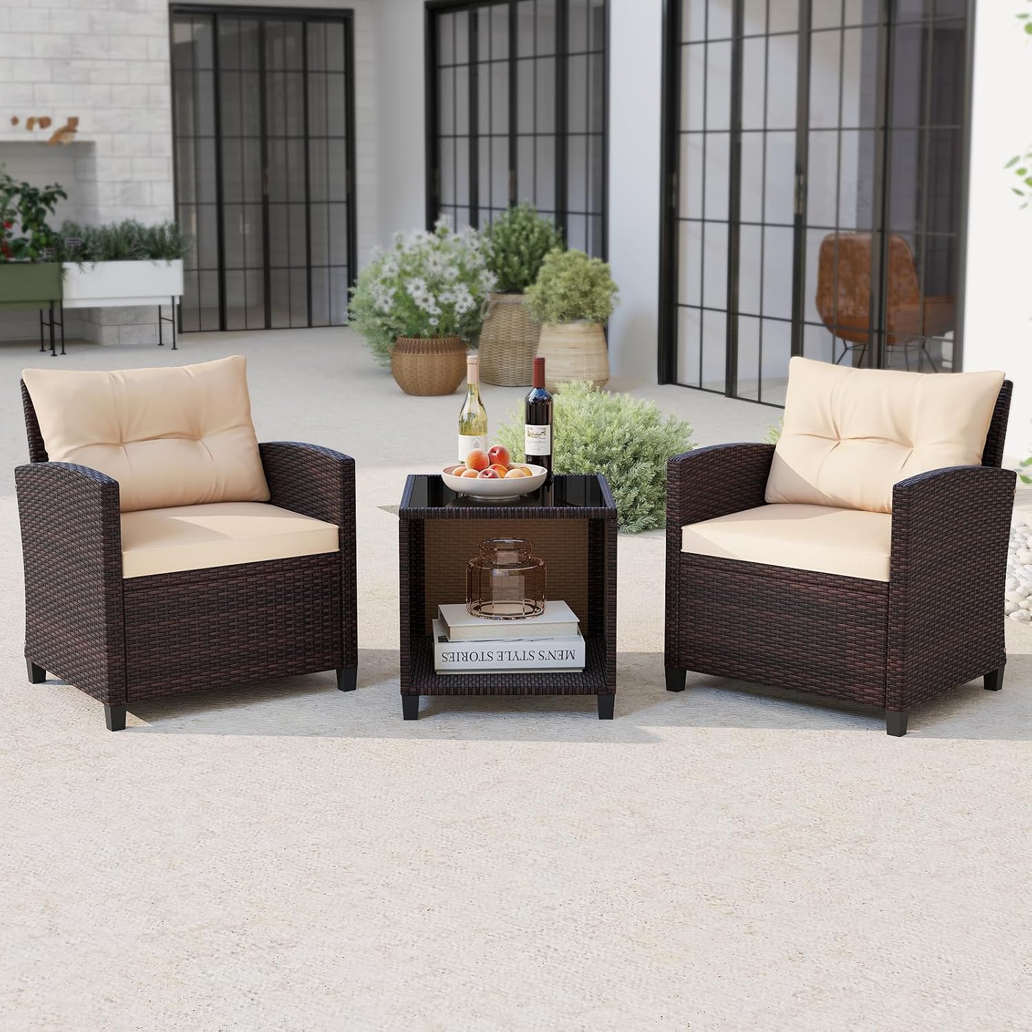 KOTEK 3 Piece Patio Furniture Set, Outdoor Conversation Set with Washable Cushions & Storage Table, PE Rattan Wicker Bistro Set for Porch, Backyard, Balcony (Beige)