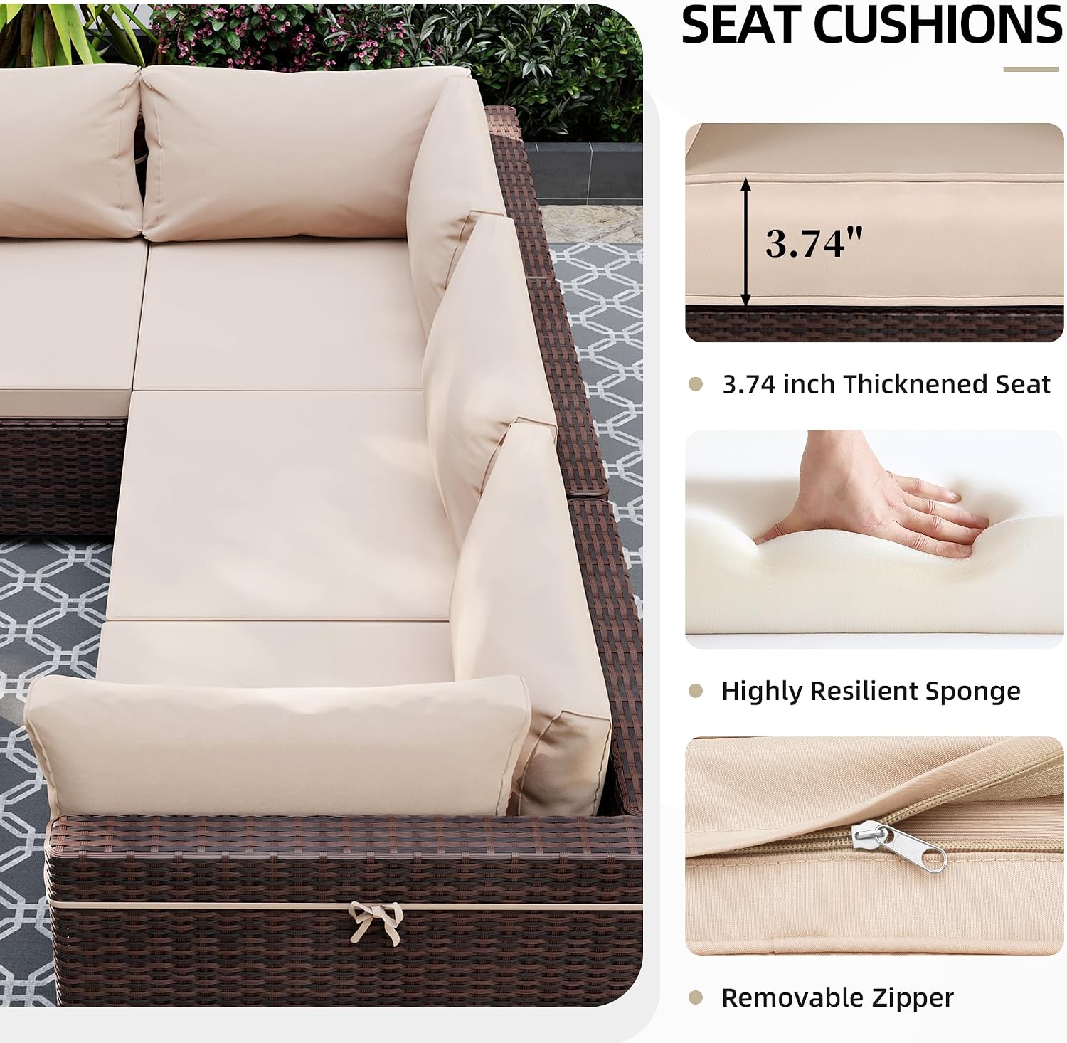 UPHA 7 Pieces Patio Furniture Sets, Wicker Outdoor Sectional Sofa Couch with Coffee Table, Patio Conversation Set for Deck Backyard Garden, Brown Rattan, Beige Cushion
