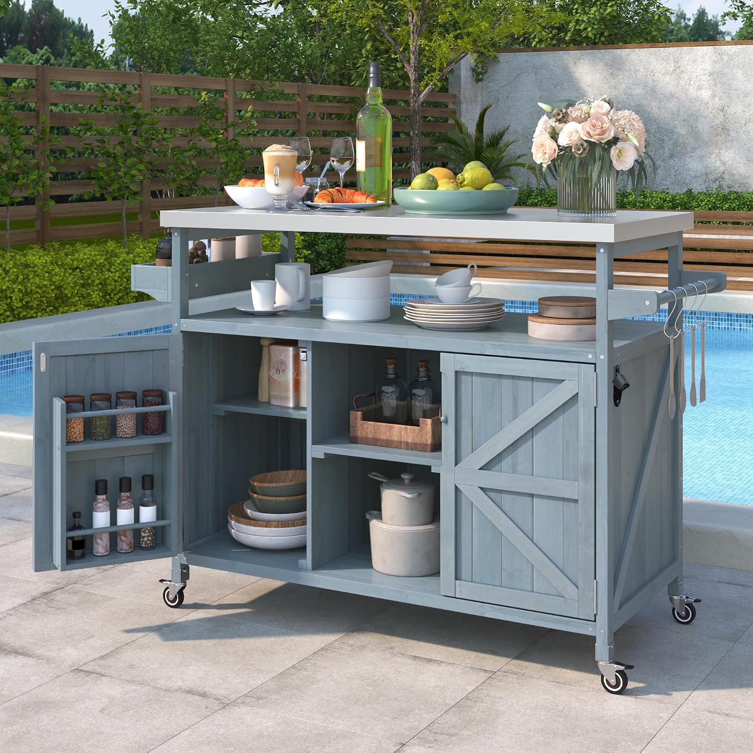50.25' W Grill Cart with Stainless Steel Tabletop - Outdoor Storage Cabinet for BBQ, Bar Patio Kitchen Island with Ample Storage and Lockable Wheels