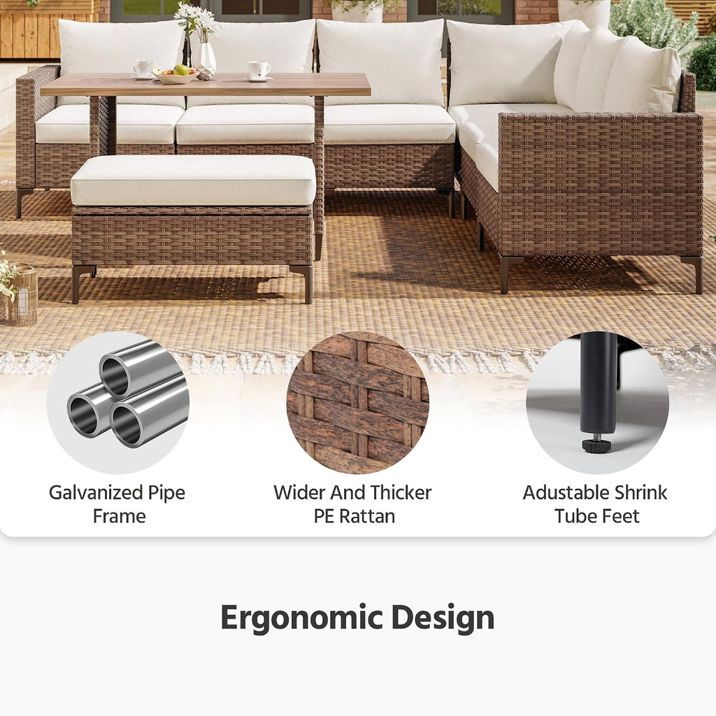 LAUSAINT HOME 8 Pieces Outdoor Patio Furniture Set, PE Wicker Sectional Conversation Sofa with Adjustable Backrests, Storage Ottoman & Wood Table with Umbrella Hole, Beige