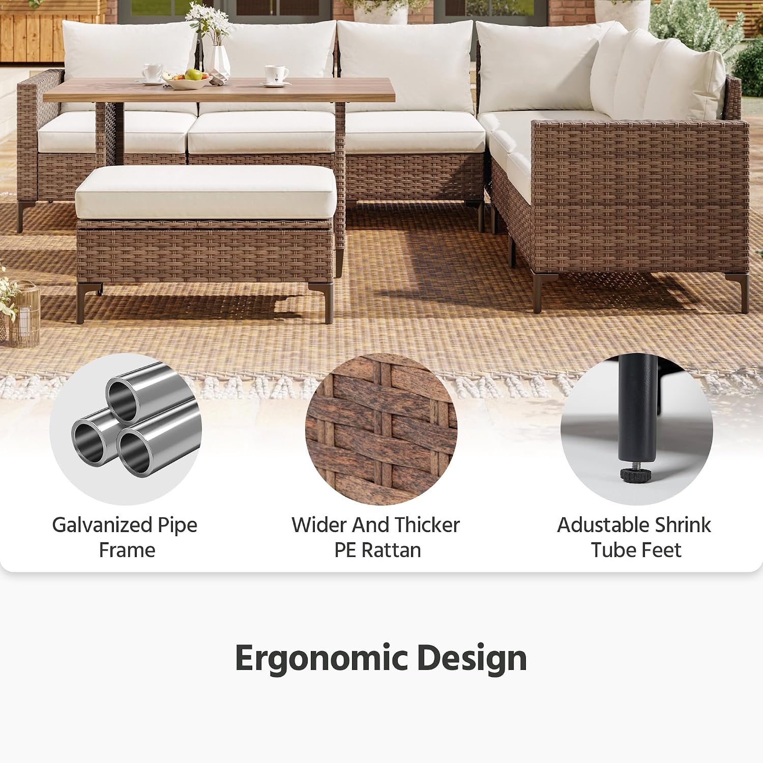 LAUSAINT HOME 8 Pieces Outdoor Patio Furniture Set, PE Wicker Sectional Conversation Sofa with Adjustable Backrests, Storage Ottoman & Wood Table with Umbrella Hole, Beige