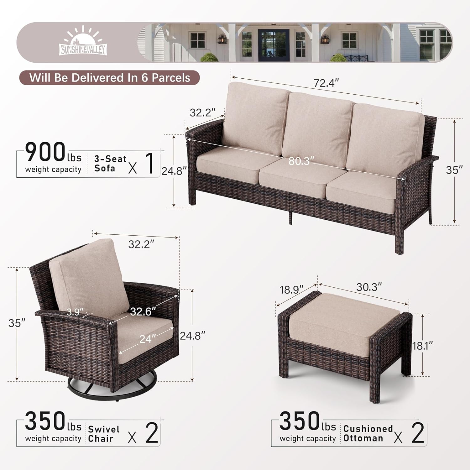 SUNSHINE VALLEY 5 Pieces Patio Furniture Set with Swivel Chairs, High Back Wicker Rattan Sofa with Extra Thick Cushion and Ottoman, Outdoor Conversation Set for Garden Backyard Deck,Beige