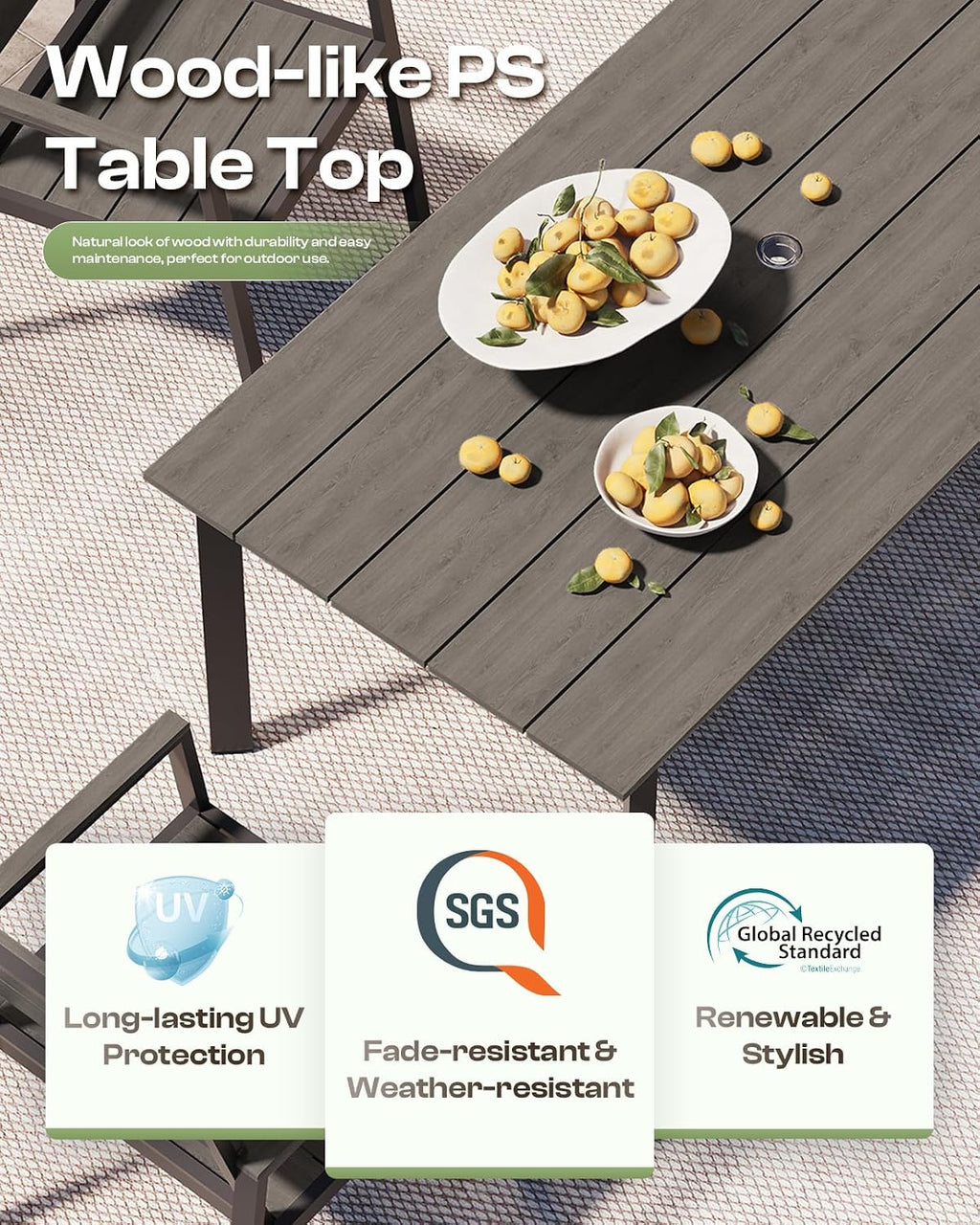 67' Rectangle HDPS Patio Dining Table, Aluminum Outdoor Patio Dining Table with Umbrella Hole, Weather-Resistant for Lawn, Garden, Yard, Poolside and Indoor Use (Gray & Teak)