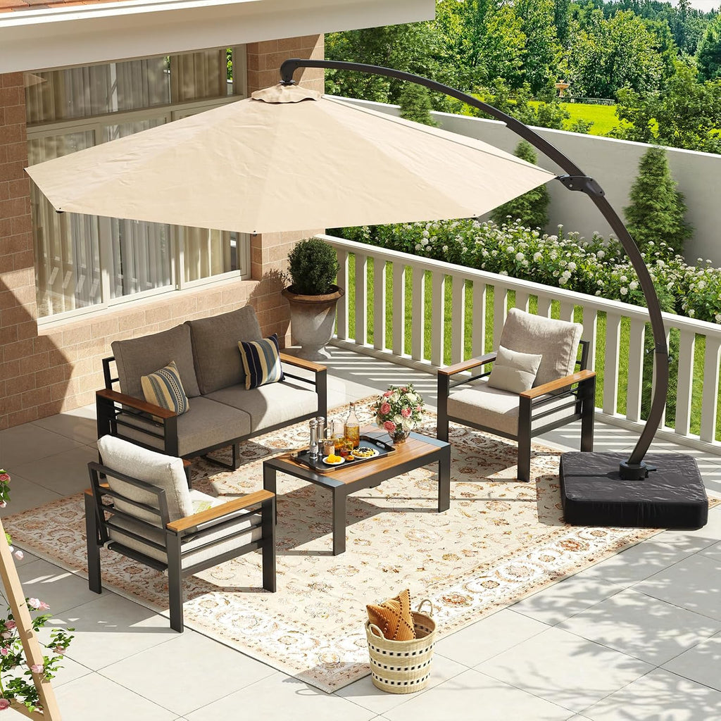 Aoxun Aluminum Patio Furniture Set with Umbrella 4 Seats, Oversized Outdoor Sectional with Washable Thick Cushions, Coffee Table and Waterproof Cover, Patio Conversation Sets for Porch, Balcony, Deck