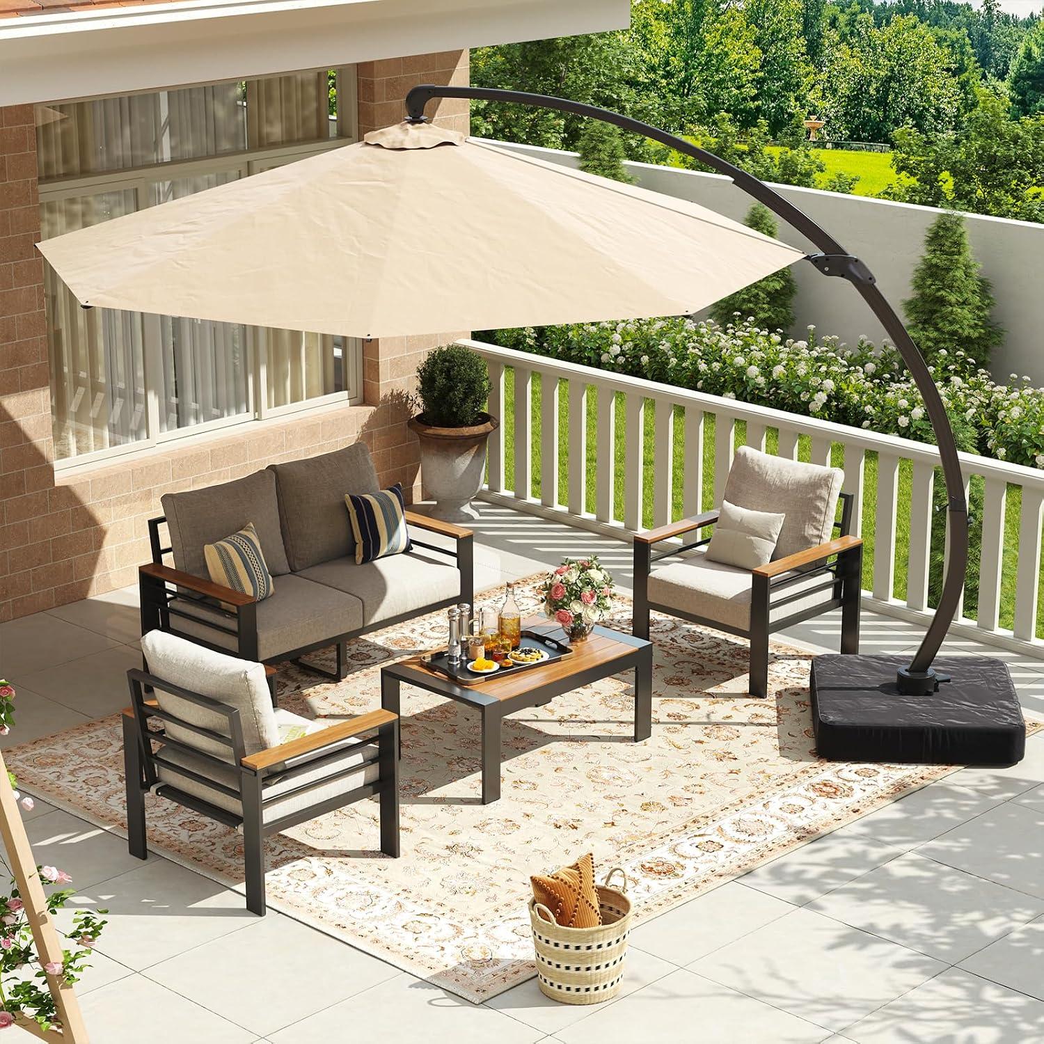 Aoxun Aluminum Patio Furniture Set with Umbrella 4 Seats, Oversized Outdoor Sectional with Washable Thick Cushions, Coffee Table and Waterproof Cover, Patio Conversation Sets for Porch, Balcony, Deck