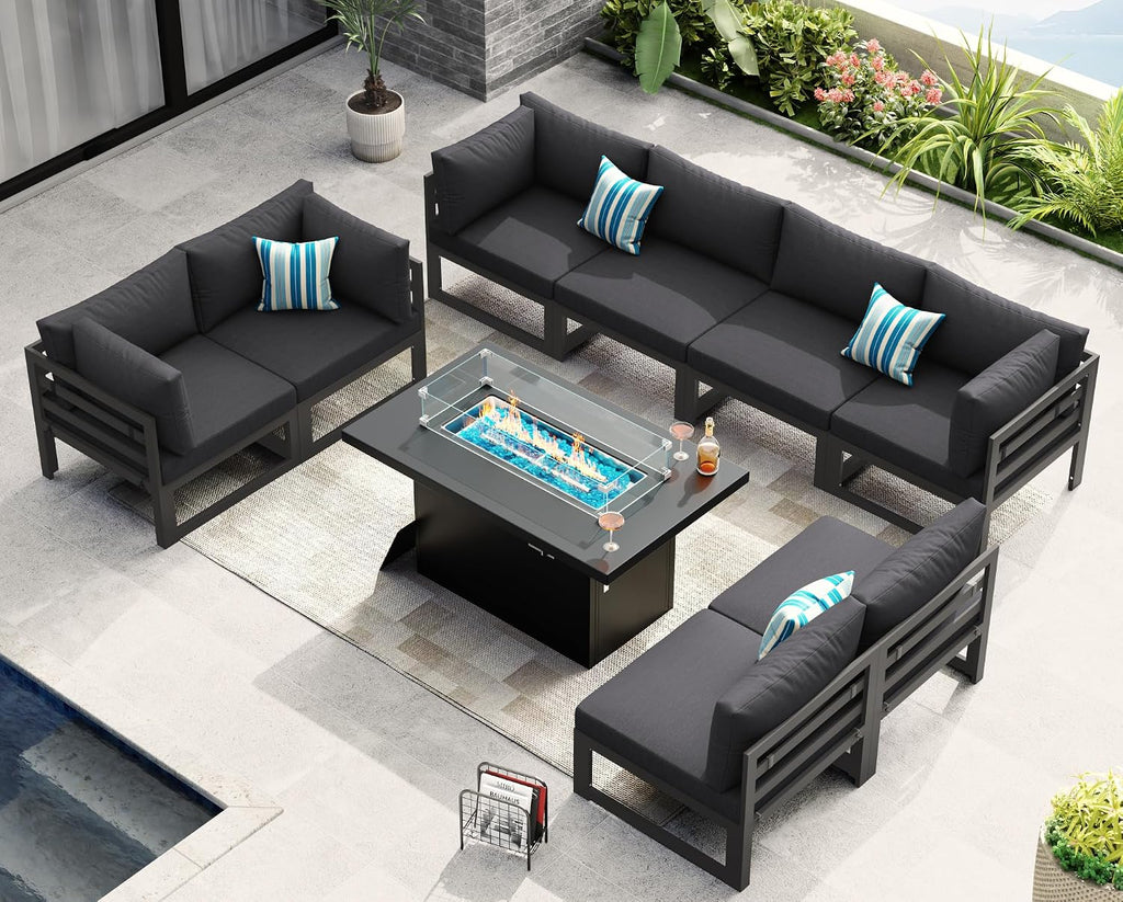 NICESOUL 9 Pcs Modern Aluminum Outdoor Patio Furniture Set with Fire Pit Table Propane/Gas, Extra Large All-Weather Modular Sectional Couch, 29' Wide Deep Seating Conversation Sofa for Deck, Dark Grey