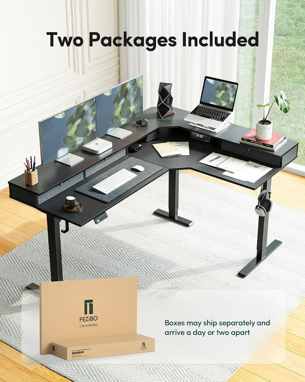 FEZIBO L Shaped Electric Standing Desk, 63 x48 inch Large with Drawers | Reversible Tabletop, 2 Memory Height Settings | Home Office & Gaming Height-Adjustable Table, Black Top/Black Frame（2 packages）