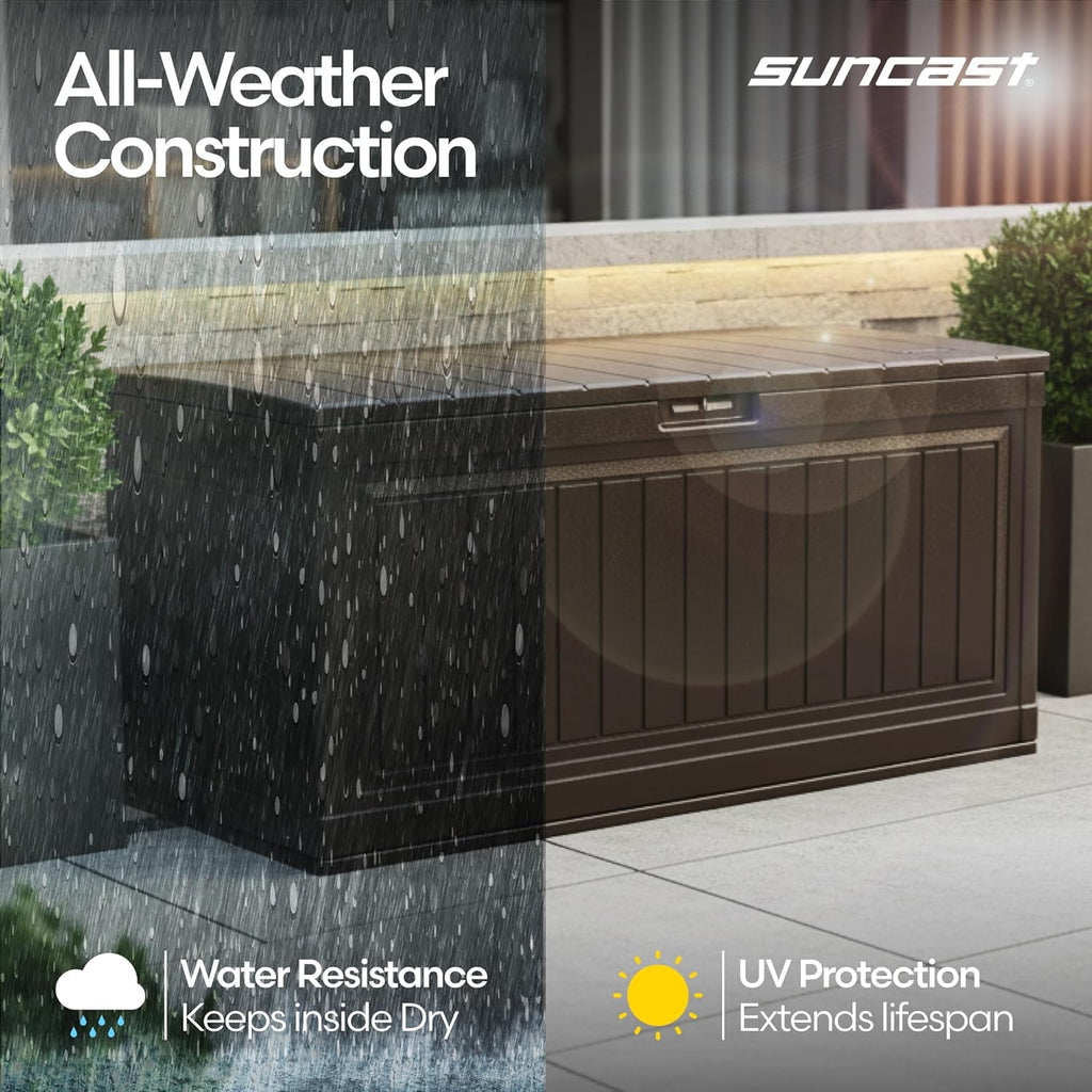 Suncast 80-Gal. Resin Large Outdoor Patio Deck Box with Pad-Lockable Lid, Modern Outdoor Patio Bench/Storage Box for Cushions, Garden Tools, and More, Java