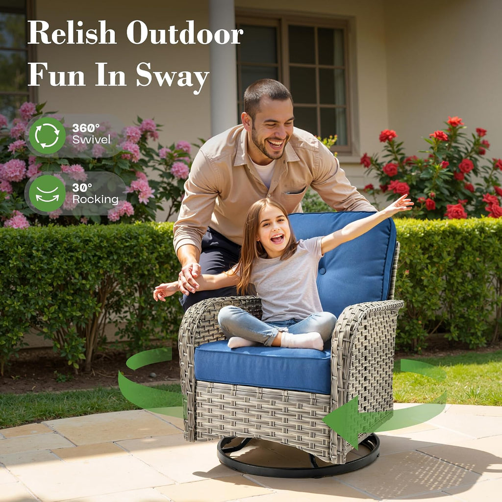 9 Pcs Patio Furniture with Fire Pit Table, Outdoor Rattan Wicker Conversation Set with Glowing Coffee Table, Comfy Sectional Sofa for Porch Balcony Backyard Pool, Blue