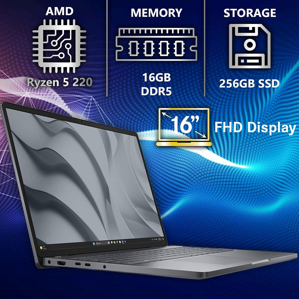 Dell Pro 16 FHD+ 16' (Replaces Latitude 3550), AMD Ryzen 5 220, 16GB DDR5 RAM, 256GB SSD, Backlit Keyboard, WiFi 6E + BT, RJ-45, HDMI, HD Webcam, W11P, Business Laptop, Black