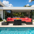 Flamaker 8 Pieces Patio Furniture Set with Fire Pit Table Outdoor Sectional Patio Sofa Furniture Set with Gas Fire Pit and Coffee Table & Ottoman Cushion Pillows, Red
