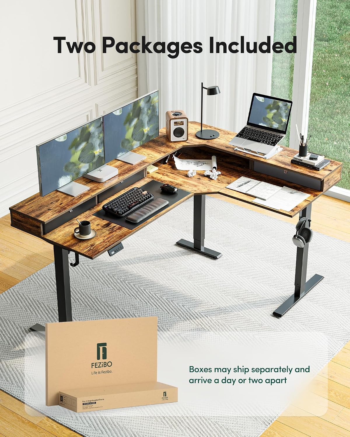 FEZIBO L Shaped Electric Standing Desk, 63x48 inch Large with Drawers | Reversible Tabletop, 2 Memory Height Settings | Home Office & Gaming Height-Adjustable Table, Rustic Brown（2 Packages）