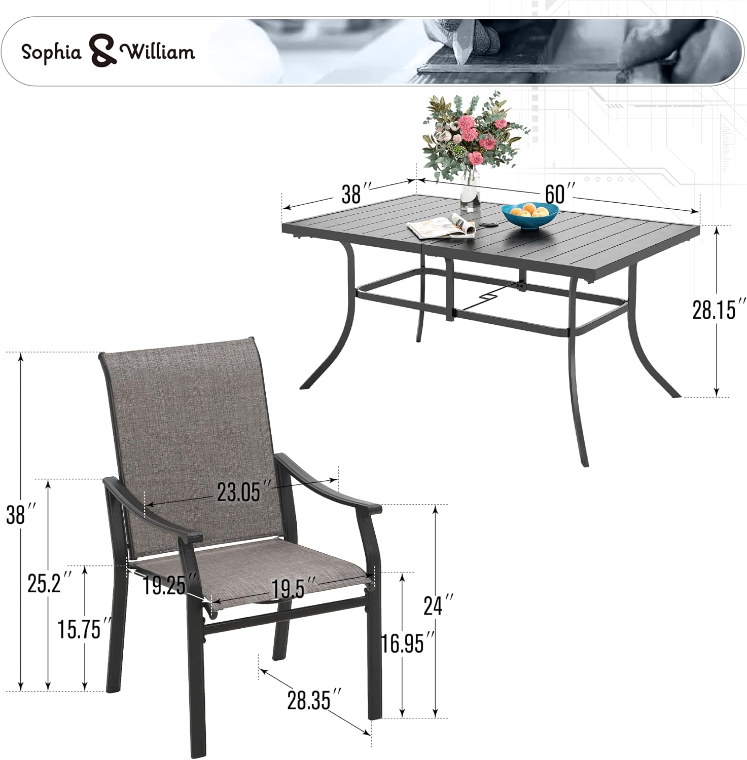 Sophia & William 7 Pieces Patio Dining Set, 6 Quick Dry Textilene Chairs and a Powder-Coated Outdoor Dining Table, Durable All-Weather Patio Furniture for Lawn, Park, and Courtyard Support 350lbs